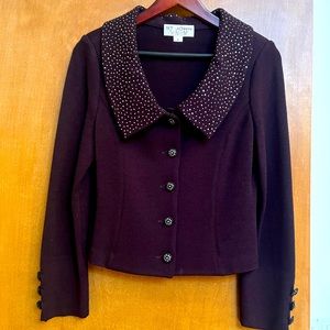 Three piece St John maroon dressy outfit:  top, wide leg pants,  long skirt.